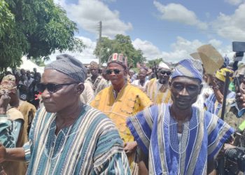 Yagbonwura delegation visit damaged Doli bridge on the Bole-Wa road.