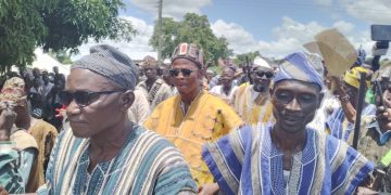 Yagbonwura delegation visit damaged Doli bridge on the Bole-Wa road.